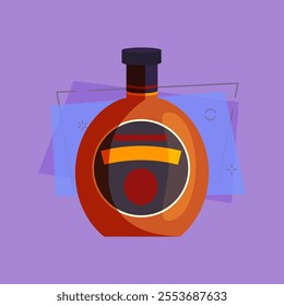 Scotch cartoon illustration. Whiskey, cognac, round bottle with dark blank label. Alcohol concept. Vector illustration can be used for topics like bar menu, liquor store, alcoholic beverage