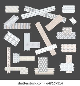 Scotch, color patterned adhesive tape collection, different size pieces isolated on dark background. Vector set of torn paper edges