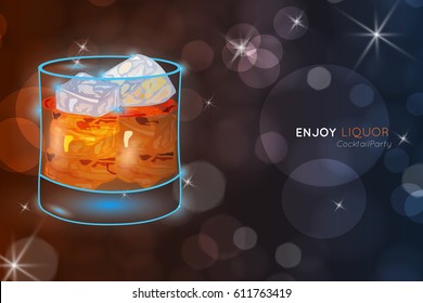 Scotch on rocks bokeh.Neon cocktail with light glowing on black background.
