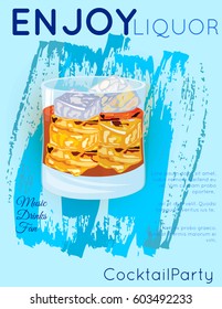 Scotch on rocks cocktail on blue grunge texture.Cocktail illustration on bright contemporary flat background. Design for cocktail menu, bar poster, event invitation. Template for cocktail party.
