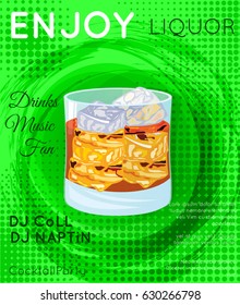 Scotch on rocks cocktail on grunge circle with green halftone texture.Cocktail illustration on bright contemporary flat background. Template for cocktail party.