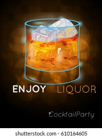 Scotch on rocks disco.Neon cocktail with light glowing on black background. Design for cocktail menu, cocktail party, bar poster. Template for nightclub event or party.