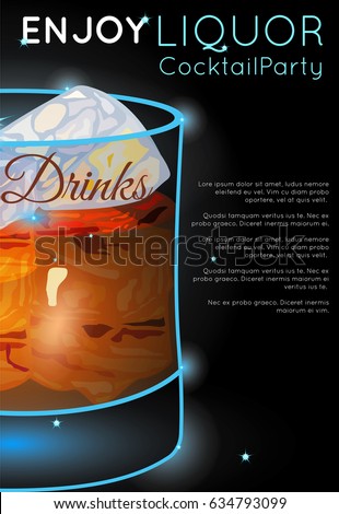 Scotch on rocks half.Neon cocktail with light glowing on black background.