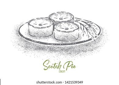 Scotch pie with filling, traditional scottish dish baked with minced mutton, national food, british cuisine. Small meat tart, delicious pastry concept sketch. Hand drawn vector illustration