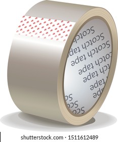 Scotch. Sticky narrow packing tape. Office tool and stuff. White glossy cello tape roll. Photo-realistic packaging mockup template with sample design. Vector 3d illustration.