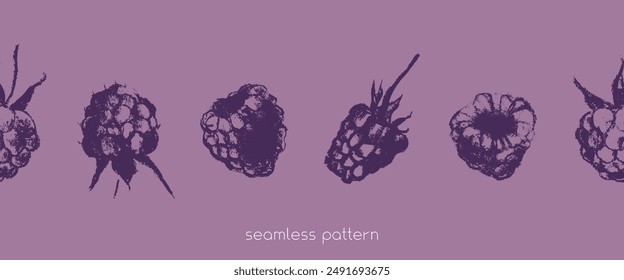Scotch tape with blackberry pattern. Vector drawing of blackberries in style of hand drawn graphics. Dry pastel  mulberry illustrations. Fruit ribbon with seamless pattern of purple berries.