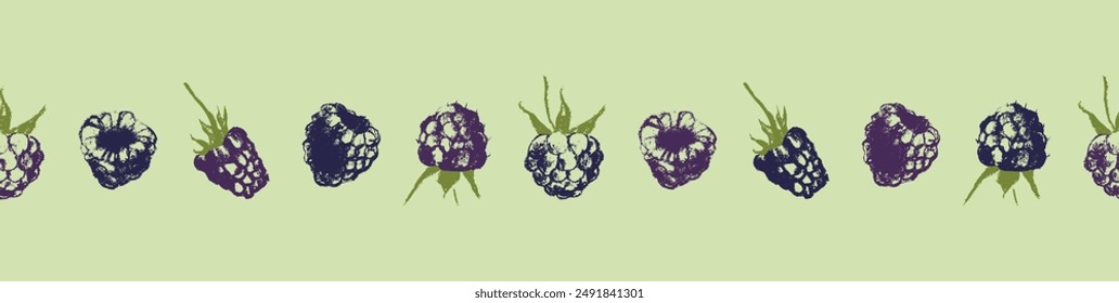 Scotch tape with blackberry pattern. Vector drawing of blackberries in style of hand drawn graphics. Dry pastel mulberry illustrations. Fruit ribbon with seamless pattern of purple berries.