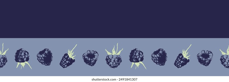 Scotch tape with blackberry pattern. Vector drawing of blackberries in style of hand drawn graphics. Dry pastel mulberry illustrations. Fruit ribbon with seamless pattern of purple berries.