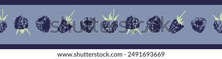 Scotch tape with blackberry pattern. Vector drawing of blackberries in style of hand drawn graphics. Dry pastel  mulberry illustrations. Fruit ribbon with seamless pattern of purple berries.