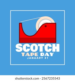 Scotch Tape Day to celebrate on January 31th. A scotch tape adhesive tool with bold text in frame on sky blue background.