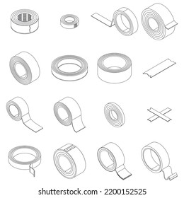 Scotch tape icons set. Isometric set of scotch tape vector icons outline thin lne isolated on white