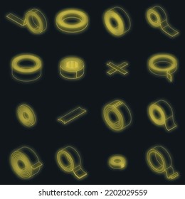 Scotch tape icons set. Isometric set of scotch tape vector icons neon color on black