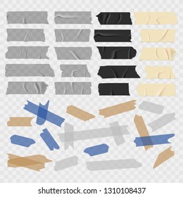 Scotch tape. Old and black grunge, transparent adhesive tapes, sticky duct piece vector illustration set