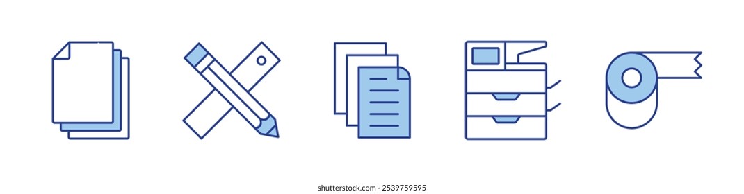 fita adesiva, lápis, arquivo, impressora, papel. ícone ilustração vetorial. Estilo Duotônico da Linha. Traçado editável.