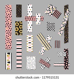 Scotch tape pieces vector set. Black ink, white, pink & gold glitter hand drawn doodles and scribbles design (vector). Part two.
