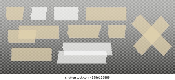 Scotch tape. Sticky paper tape. Adhesive Transparent sticky stripe. Sticker for collage, fixing photo notes. Vector