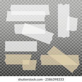 Scotch tape. Sticky paper tape. Adhesive Transparent sticky stripe. Sticker for collage, fixing photo notes. Vector