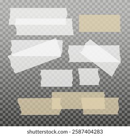 Scotch tape. Sticky paper tape. Adhesive Transparent sticky stripe. Sticker for collage, fixing photo notes. Vector