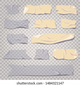 Scotch tape transparent, masking and adhesive tape pieces set isolated on transparent background. Grey beige sticky pieces vector torn realistic element
