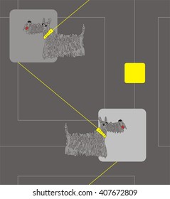 Scotch terrier. A seamless pattern Scotch terrier on a yellow leash in gray square with gray lines on a dark gray background.