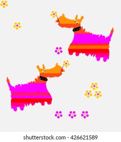  Scotch terrier. A seamless pattern of Scotch terrier stretching color from yellow to purple on a white background with flowers.