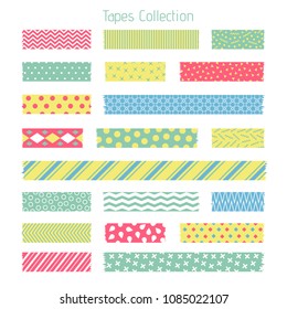 Scotch With Trendy Geometric Pattern. Adhesive Tape For Scrapbook Vector Set. Sticker Patterned, Trendy Polka Stripe Illustration