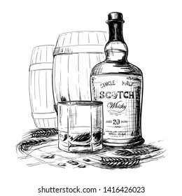 Scotch whiskey bottle, glass and casks with some barley ears and grains. Black and white ink style drawing isolated on white background. EPS10 vector illustration.