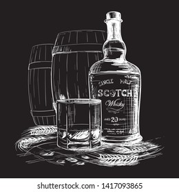 Scotch whiskey bottle, glass and casks with some barley ears and grains. White linear sketch isolated on Black background. Imitates chalk drawing on a black board. EPS10 vector illustration.