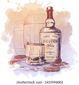 Scotch whiskey bottle, glass and casks with some barley ears and grains. Sketch style drawing isolated on watercolor textured background. EPS10 vector illustration.