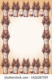 Scotch whiskey bottle, glass and casks with some barley ears and grains. Vertical Frame or blank page template. EPS10 vector illustration.