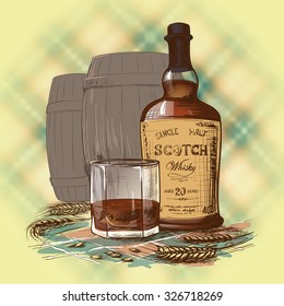 Scotch whiskey  bottle, glass and casks with some barley ears and grains. Blurred Tartan plaid background. Still life painted sketch. EPS10 vector illustration.