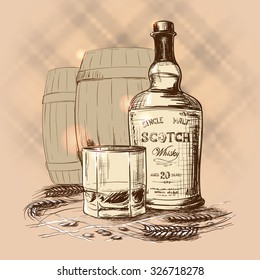 Scotch Whiskey Bottle, Glass And Casks With Some Barley Ears And Grains. Sketch Still Life Drawing.
EPS10 Vector Illustration.