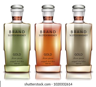 Scotch whiskey brand bottles Vector realistic. Product packaging mock up. 3d illustrations