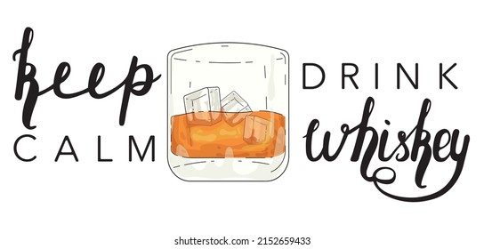 Scotch, whiskey, brandy shot glass, sketch style hand drawn vector poster, banner, invitation template design with lettering. Keep calm Drink whiskey. Summer time party Vector glass of whiskey.