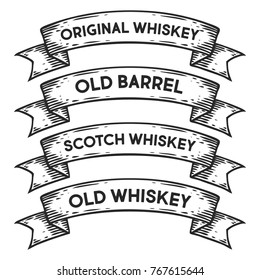 Scotch whiskey, old barrel whiskey badge emblem ribbon. Monochrome set vintage engraving sign isolated. Sketch hand drawn illustration retro style.