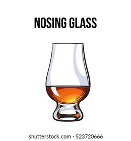 Scotch whiskey, rum, brandy nosing glass, sketch style vector illustration isolated on white background. Realistic hand drawing of a nosing glass for whiskey, scotch, brandy