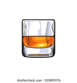 Scotch whiskey, rum, brandy shot glass, sketch style vector illustration isolated on white background. Realistic hand drawing of a glass of whiskey shot