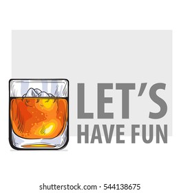 Scotch whiskey, rum, brandy shot glass. Realistic hand drawing of a glass of whiskey shot.