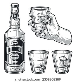 Scotch Whiskey Set Elemente monochrome Glas in der Nähe Flasche gefüllt mit Elite-Stiefel für Partys in Bar Vektorgrafik