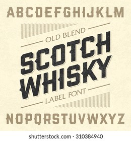 Scotch whiskey style label font with sample design. Vector.