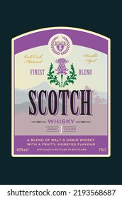 A Scotch Whisky label featuring a thistle emblem and a Scottish Highland scene in the background. Details taken from major existing brand descriptions