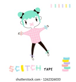 scotch-taped tiny cartoon funny planner girl, kawaii style character, pastel colours simple flat vector graphic, cute office concept illustration