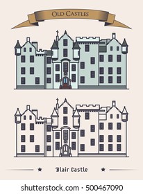 Scotland Blair Castle Vintage Or Retro Architecture Exterior. Construction Or Structure With Citadel, Mansion For Duke. Perfectly Fit For Old Landmark Or Heraldic Monument, Historical Britain Theme