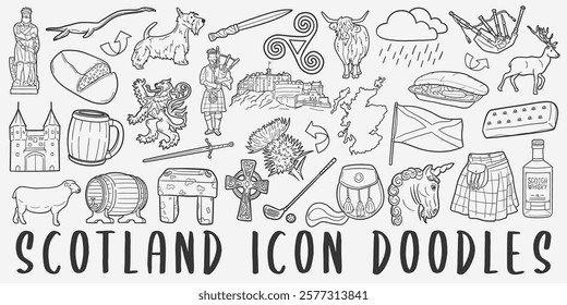 Scotland, Doodle Icons. Hand Drawn Made Line Art. Scottish Highlands Clipart Symbol Design.