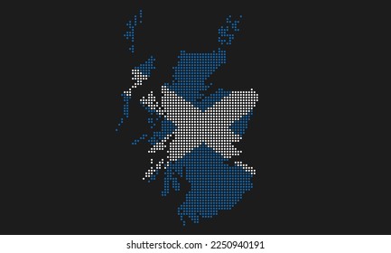 Scotland dotted map flag with grunge texture in mosaic dot style. Abstract pixel vector illustration of a country map with halftone effect for infographic. 