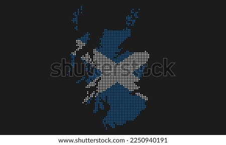 Scotland dotted map flag with grunge texture in mosaic dot style. Abstract pixel vector illustration of a country map with halftone effect for infographic. 