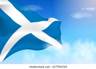 Scotland flag in the clouds. Vector flag waving in the sky. National day realistic flag illustration. Blue sky vector.