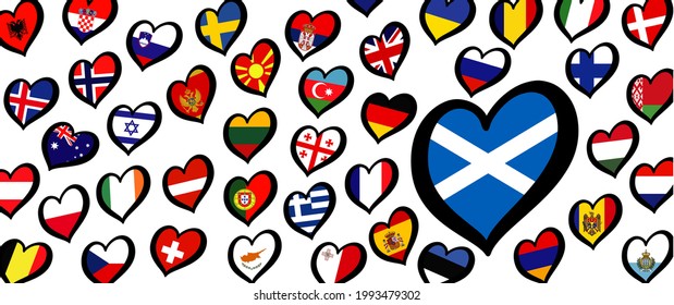 Bandera escocesa y diferentes países banderas con el logo de las banderas del corazón. Para Europa, Festival de la Canción de música de eurovisión, concurso. Canciones musicales para sueños de visión. Patrón de iconos de TV del euro vectores. 