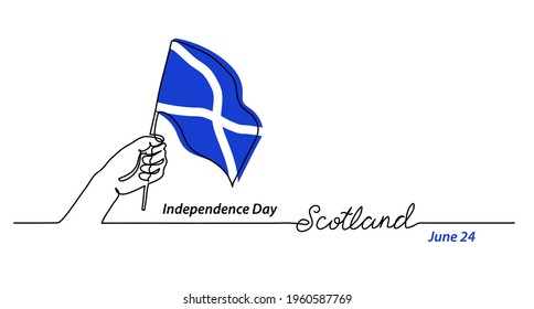 Scotland flag with hand. Independence day vector banner, background, poster. One continuous line drawing illustration with lettering Scotland.