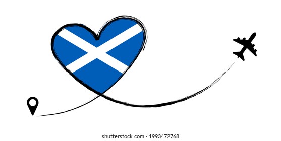 Scotland flag. Heart, love romantic travel. Symbol of  airplane, air plane, aircraft, aeroplane, flying, fly jet airline. Line path. Vector location pointer route. Travel. 